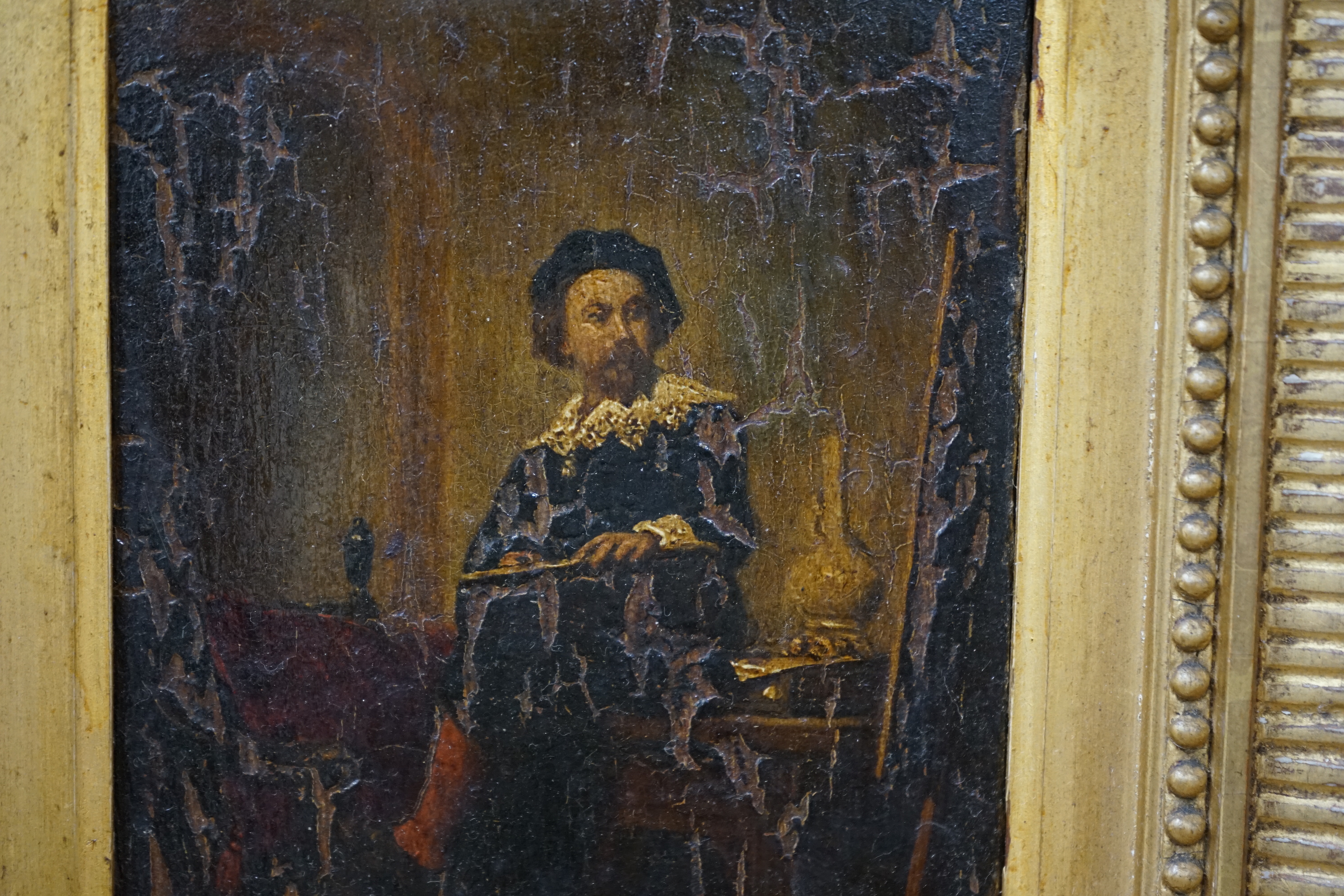 19th century School, oil on panel, Full length portrait of a cavalier in an interior, 16 x 11cm, ornate gilt frame